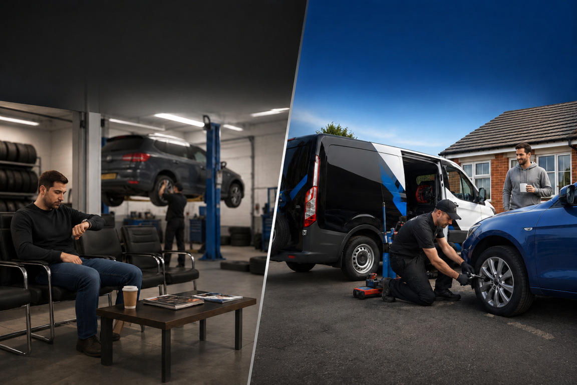 Mobile tyre fitting van parked outside a customer's home compared to a traditional tyre garage